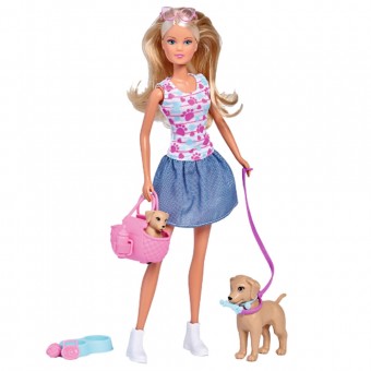 Papusa Simba Steffi Love Puppy Walk 29 cm cu 2 figurine si accesorii