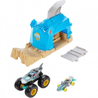 Pista de masini Pentru Copii, Hot Wheels by Mattel Monster Truck Pit and Launch Shark Wreak cu 2 masinute