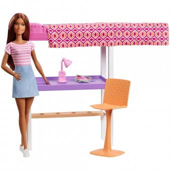 Set Barbie Pentru Fetite, by Mattel Estate Birou cu pat supraetajat, papusa si accesorii