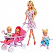 Papusa Simba  Pentru Copii, Steffi Love 29 cm Baby World in rochie cu floricele, cu 2 copii, 1 bebelus si accesorii