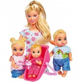 Papusa Simba  Pentru Copii, Steffi Love 29 cm Baby World in rochie cu floricele, cu 2 copii, 1 bebelus si accesorii